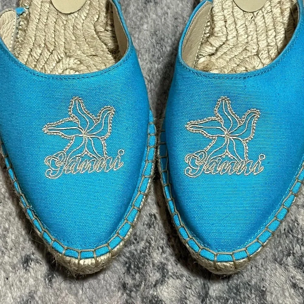 GANNI Women's Embroidered‎ Canvas Espadrille Slip On Turquoise Aqua Size 38